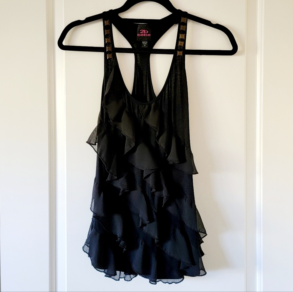 2b bebe Black Ruffly Racerback Top XS